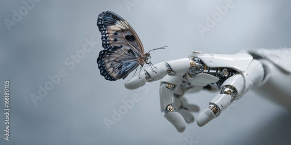 Fototapeta Beautiful blue butterfly is sitting on android robot's hand on silver metallic background with copy space. Concept of connected future between nature and technology. 