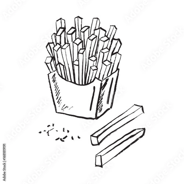 Fototapeta Fried potato chips vector sketch illustration. Hand drawn fast food crayon design. Menu element, dinner. Junk food, cafe. French fries drawing.
