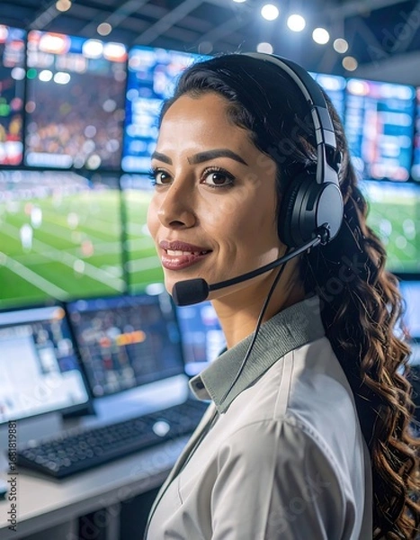 Fototapeta A woman in a control room, wearing headphones and a headset, looks attentively at the large screens displaying  action.