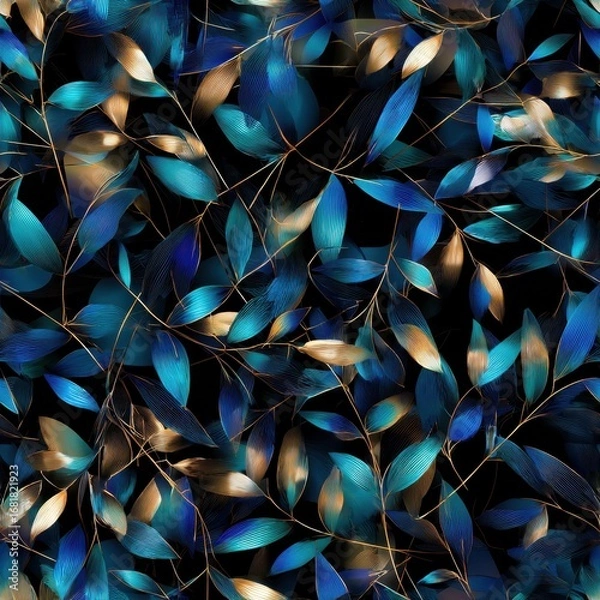 Fototapeta Elegant Blue and Gold Leaf Pattern on Dark Background for Modern Design.