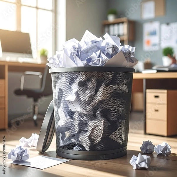 Fototapeta A dark gray metal wastebasket overflowing with crumpled white papers sits on a light wooden surface in a modern office space.