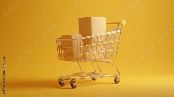 Fototapeta A shopping cart with boxes on a vibrant yellow background.
