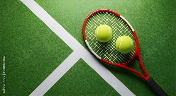 Fototapeta Overhead view of tennis racket and two balls on green court, symbolizing the thrill of the game and the pursuit of athletic excellence