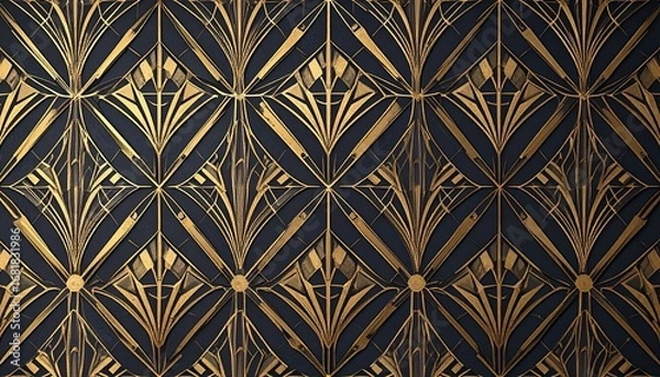 Obraz Symmetrical Art Deco pattern with gold fan shapes and geometric lines on dark background