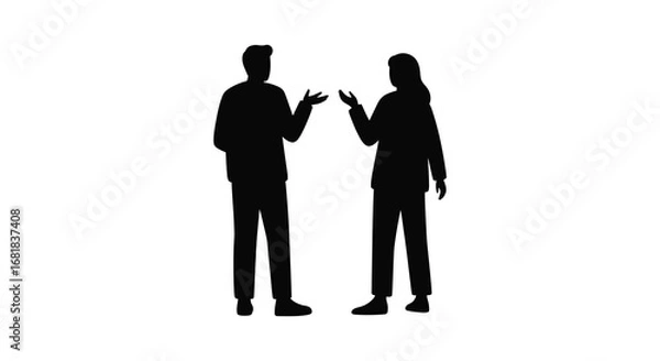 Fototapeta Two people standing and talking in silhouette against a white background
