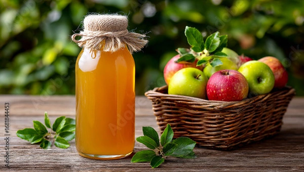 Fototapeta Fresh apple juice in a rustic setting. A bottle of freshly pressed apple juice sits beside a basket of ripe apples in a natural, outdoor environment.