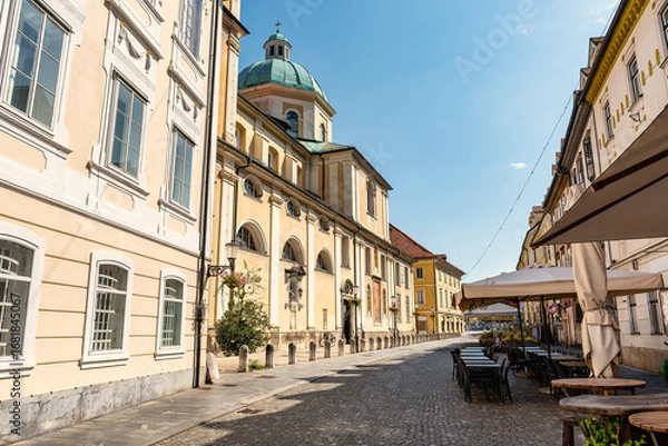Obraz Street in the historic center where St. Nicholas Cathedral is located in Ljubljana, Slovenia.