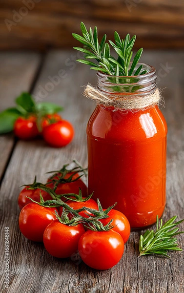 Fototapeta Fresh tomato sauce in a glass bottle. Bright red tomato sauce sits in a glass bottle surrounded by fresh tomatoes and rosemary on a rustic wooden table.