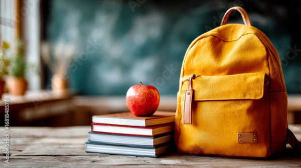 Fototapeta Bright backpack and apple on wooden desk. A yellow backpack rests on a wooden desk next to books, with a red apple placed on top, showcasing a study atmosphere.