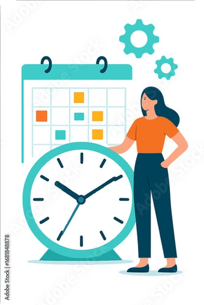 Fototapeta Woman standing beside large clock and calendar, flat graphic style, white background, concept of time management. Modern flat vector sticker label with icon and badge style