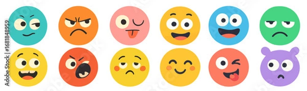 Fototapeta 12 round cartoon emoji faces with different expressions in flat style on transparent background, concept of mood diversity. Modern flat vector sticker label with icon and badge style