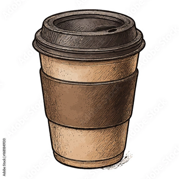 Fototapeta Disposable coffee cup with lid and sleeve sketched in hand-drawn style on transparent background, concept of takeaway hot beverage. Vector illustration