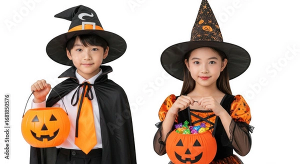 Obraz Two children dressed as witches with hats and capes, holding pumpkin buckets filled with candy for halloween trickortreating isolated on transparent background