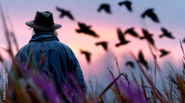 Fototapeta Man observing birds at sunset in a field. A man wearing a hat stands in a field, watching birds fly against a colorful sunset backdrop filled with mist.