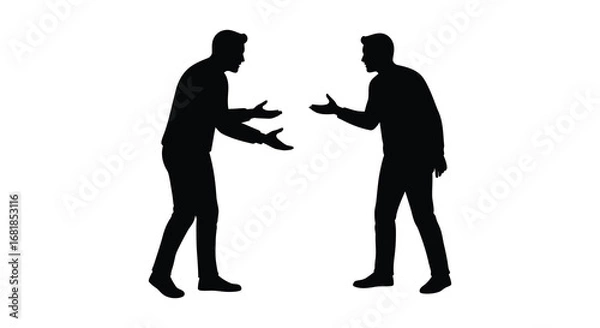 Fototapeta Two men standing and talking to each other in silhouette