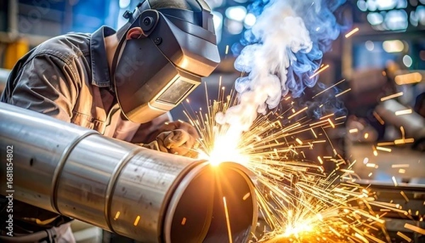 Fototapeta A skilled worker meticulously welds large metal pipes in a factory setting, creating a scene of intense activity and bright sparks.