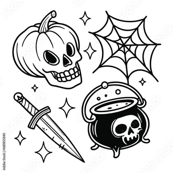 Fototapeta Halloween Icons Skull Pumpkin Cauldron Spiderweb and Dagger