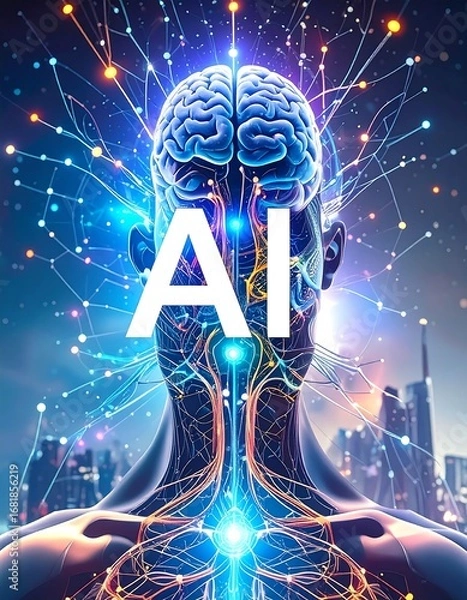 Fototapeta Intricate anatomical representation of a human head and torso, highlighting neural pathways and connections, set against a futuristic cityscape, showcasing the concept of artificial intelligence.