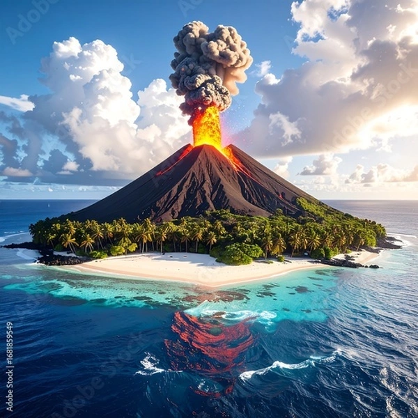 Fototapeta A vibrant volcanic island erupts dramatically, showcasing a stunning contrast between fiery lava and tranquil shores.