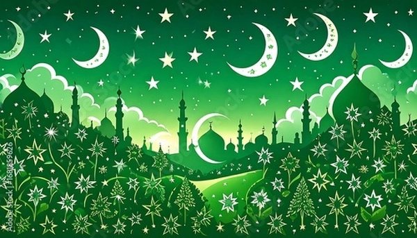 Fototapeta A vibrant, stylized depiction of a serene Islamic city, outlined against a backdrop of a lush green landscape, adorned with stars, crescent moons, and intricate floral patterns.