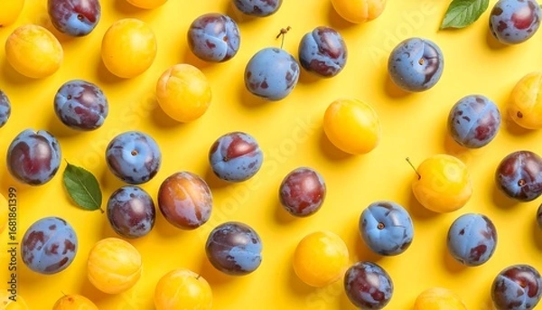 Fototapeta Vibrant yellow and purple plums arranged artfully on a bright yellow surface, showcasing a fresh and appetizing display.