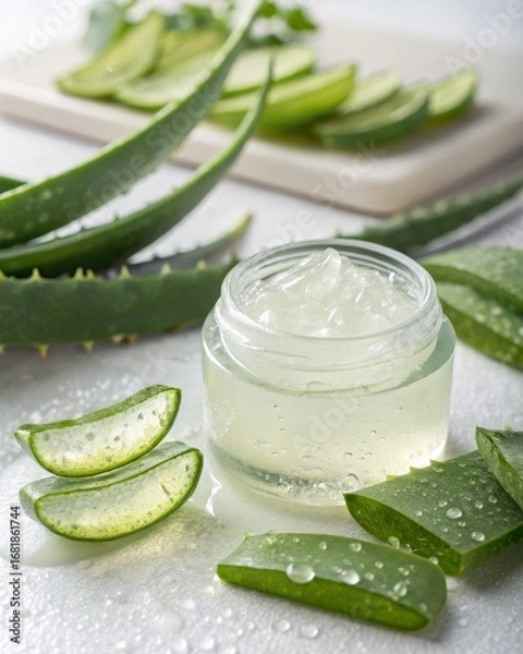 Fototapeta Captivating display of aloe vera gel in glass jar on freshly sliced aloe vera leaves natural light glistening spa-like setting inviting atmosphere herbal remedies concept