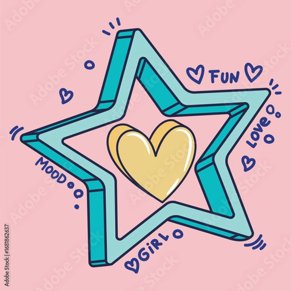 Fototapeta Futuristic 3d stars set. Holographic icons. Chrome inflated elements for future, techno digital deigns. Vector cartoon illustration. Glossy y3k sticker.