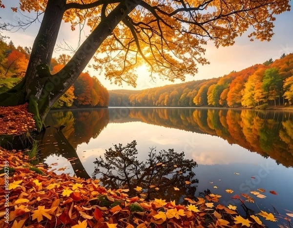 Fototapeta A serene autumn lake scene, with vibrant fall foliage mirrored perfectly on the tranquil water's surface, creating a picturesque autumnal landscape.