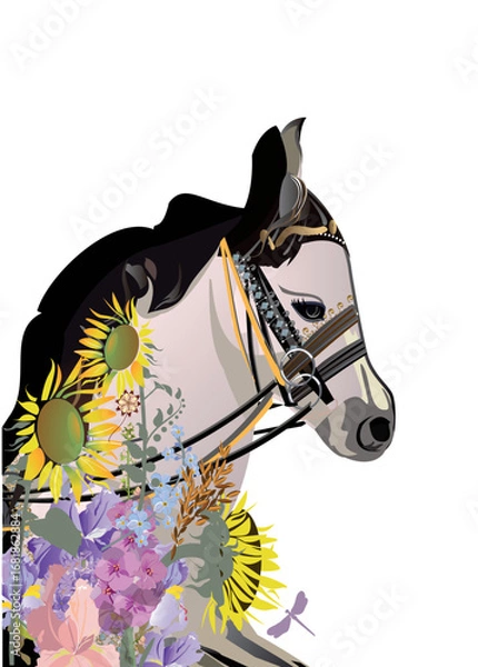 Fototapeta Animal card with a horse decorated with summer flowers and patterns. Hand drawn vector illustration.