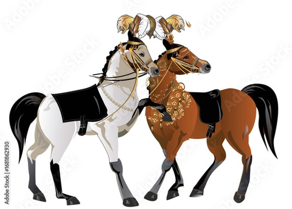 Fototapeta Animal card with a couple of horses decorated with summer flowers and patterns. Hand drawn vector illustration.