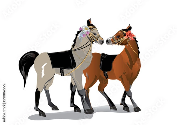 Fototapeta Animal card with a couple of horses decorated with summer flowers and patterns. Hand drawn vector illustration.