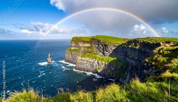 Fototapeta A vibrant rainbow arches over a dramatic cliff face overlooking a restless sea, showcasing Ireland's breathtaking coastal scenery.