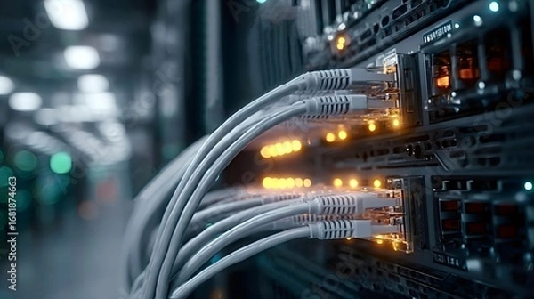 Fototapeta Network cables are connecting to server in modern data center with blinking lights, representing internet infrastructure, big data, cloud computing, and global communications