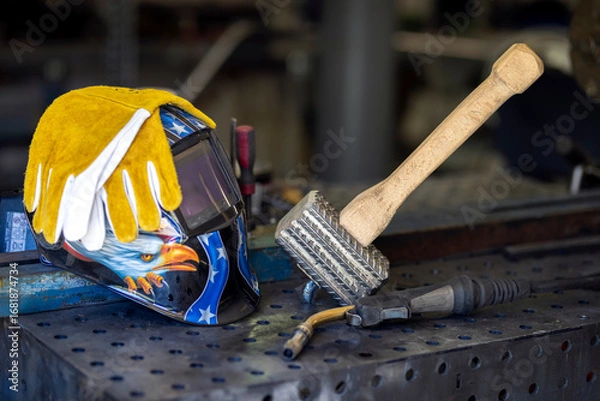 Fototapeta Background with welding helmet,steel hammer, gloves and torch. Preparation for welding steel, aluminum with flame and laser in the welding workshop