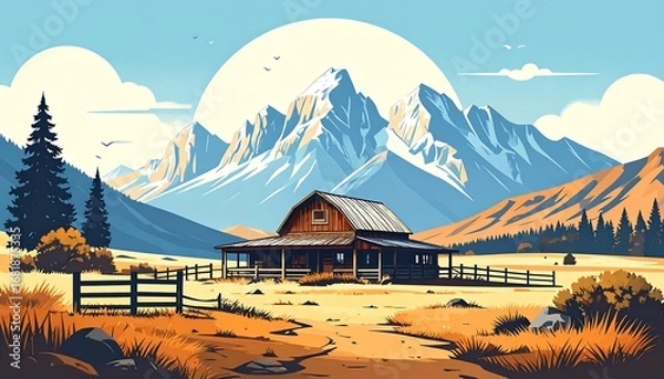 Fototapeta A picturesque scene of a rustic wooden barn nestled amidst a valley, surrounded by majestic snow-capped mountains and a golden meadow, featuring a vibrant color palette and a serene atmosphere.