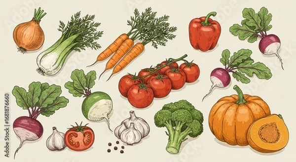 Fototapeta A colorful collection of fresh, hand-drawn vegetables in a vintage illustration style, including carrots, tomatoes, and broccoli.