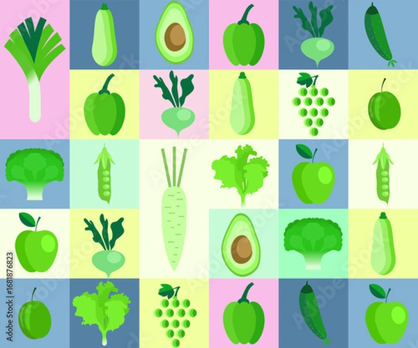 Fototapeta Vegan food vector banner. Eco vegetables and fruit, avocado, cucumber, onion , broccoli, pear. Farm market background. Package template.	

