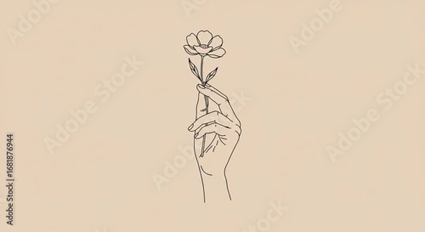 Fototapeta Minimalist line art drawing of a delicate hand gently holding a single flower against a light beige background, conveying simplicity and grace.