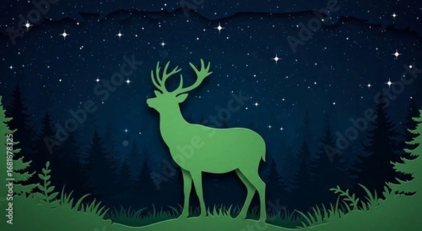 Fototapeta A majestic green deer stands silhouetted against a starry night sky with pine trees in the background.