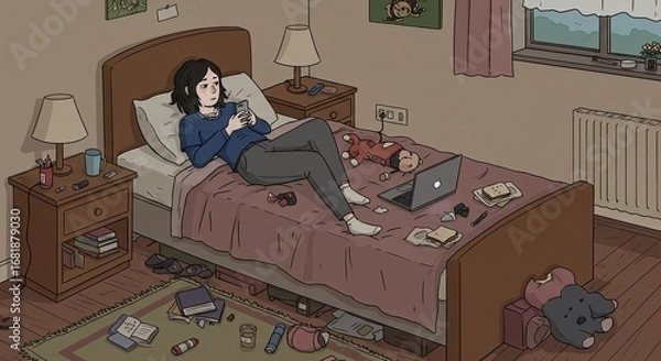 Fototapeta A young woman relaxes in her messy bedroom, using her smartphone while lying on the bed with a laptop and snacks.