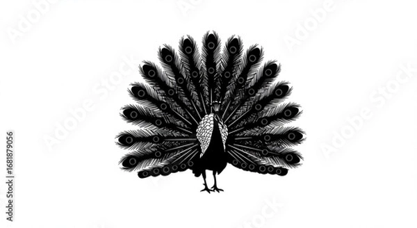Fototapeta A striking black and white illustration of a peacock displaying its elaborate tail feathers in full fan.