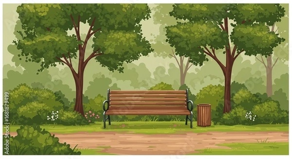 Fototapeta A peaceful park scene with a wooden bench, lush green trees, and a dirt path, set in a tranquil natural environment.