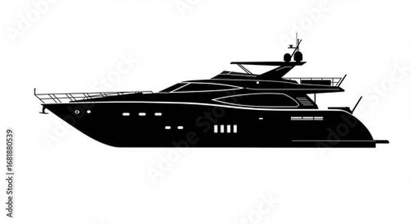Fototapeta Sleek black silhouette of a luxury motor yacht on a clean white background, viewed from the side profile.