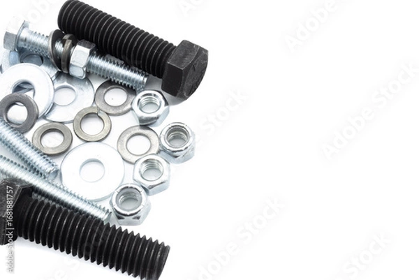 Fototapeta Set of screws of different types, allen, grade 5, hexagonal millimeter, eye bolts, washers, dowel, car screw, clamps on white background copy space	