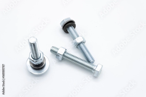 Fototapeta Hex head screw with washer and nut on a white background