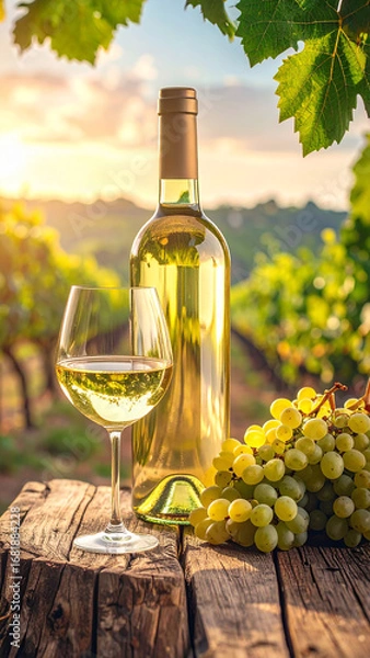 Fototapeta Elegance of the Vineyard: Unlabeled White Wine Bottle and Glass on a Weathered Tabletop, Highlighted by Soft Light and Green Grapes, A Fresh and Inviting Composition.