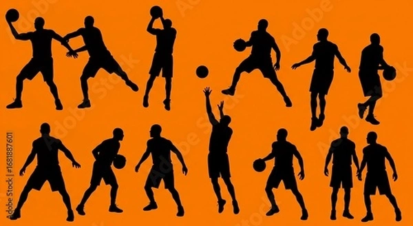 Fototapeta A collection of black silhouettes showing basketball players in various dynamic action poses against an orange background.