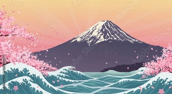 Fototapeta A beautiful illustration of Mount Fuji with cherry blossoms and ocean waves under a colorful sky.