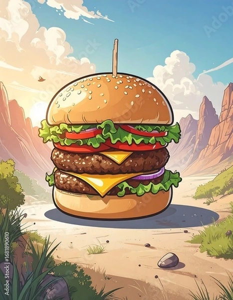 Obraz A large, appetizing double cheeseburger sits on a desert landscape under a vibrant sunset.