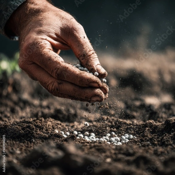 Obraz A close-up of a human hand sprinkling chemical fertilizer granules onto dark, moist soil, highly detailed, ultra-realistic, macro photography, natural lighting, visible soil texture.
